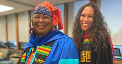 Lynn Jones, left, was introduced by El Jones, right, as she spoke to the 2021 graduating class at Mount Saint Vincent University last week.