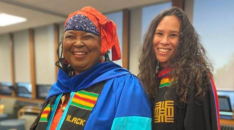 Lynn Jones, left, was introduced by El Jones, right, as she spoke to the 2021 graduating class at Mount Saint Vincent University last week.