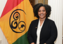 Wendie L. Wilson poses next to the flag she designed to represent Black/African Nova Scotians.