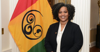 Wendie L. Wilson poses next to the flag she designed to represent Black/African Nova Scotians.