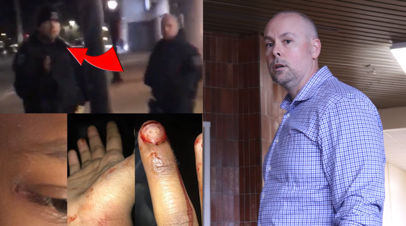 Top left photo: Halifax Regional Police officers Const. Mark Pierce & Const. Craig Trudel in Feb. 2020 moments before arresting a 15-year-old Black teenager who suffered injuries during the arrest (seen in the bottom left three photos) before releasing him without charges. Right photo: Const. Mark Pierce entering a restorative justice meeting in May, 2023.