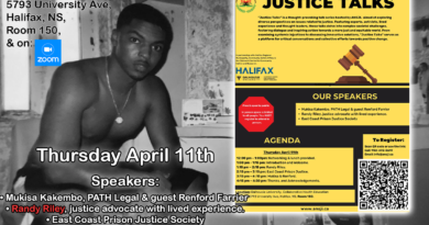 Event poster for 'Justice Talks' - Thursday, April 11, 2024 - Dalhousie University, Collaborative Health Education Buidling, 5793 University Ave, Halifax, NS, Room 150 - Register through QR Code