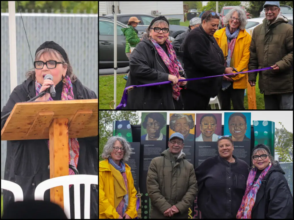 A collage of three photos from the mural unveiling at Reparations Park in Truro. The top left shows a woman with glasses and a headscarf speaking at a podium. The top right shows a group of four people, including the speaker, smiling and cutting a purple ribbon at the ceremony. The bottom image features four people standing in front of a colorful mural with painted portraits and biographical text of prominent Black women from the area. Everyone is dressed warmly for the outdoor event, and the mood is celebratory despite the cloudy weather.