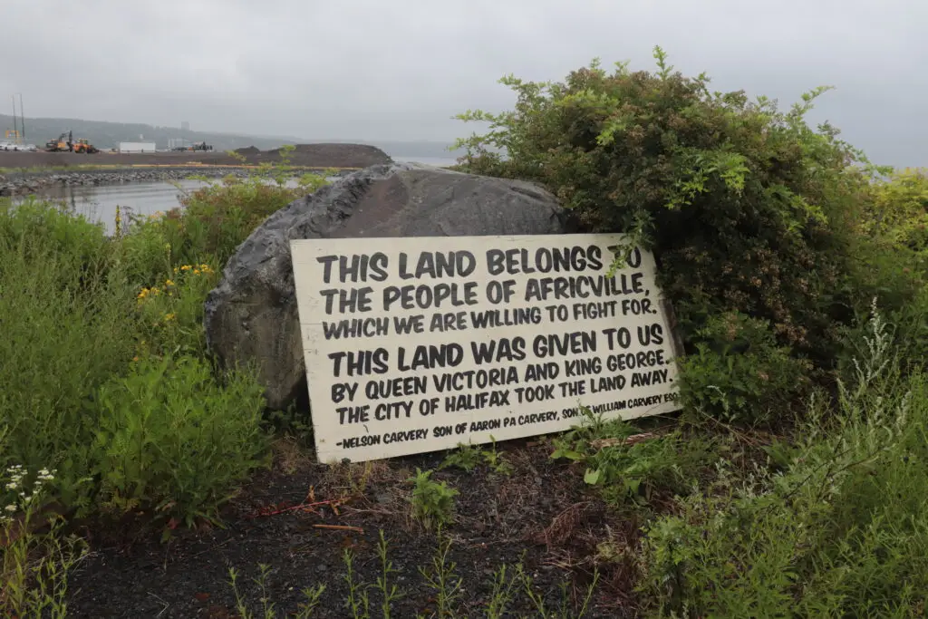 A large handwritten sign leans against a boulder, surrounded by tall grass and bushes near a waterfront. The sign reads: “THIS LAND BELONGS TO THE PEOPLE OF AFRICVILLE, WHICH WE ARE WILLING TO FIGHT FOR. THIS LAND WAS GIVEN TO US BY QUEEN VICTORIA AND KING GEORGE. THE CITY OF HALIFAX TOOK THE LAND AWAY. —NELSON CARVERY SON OF AARON PA CARVERY, SON OF WILLIAM CARVERY ESQ.” In the background, construction vehicles and earthworks are visible under a cloudy sky.