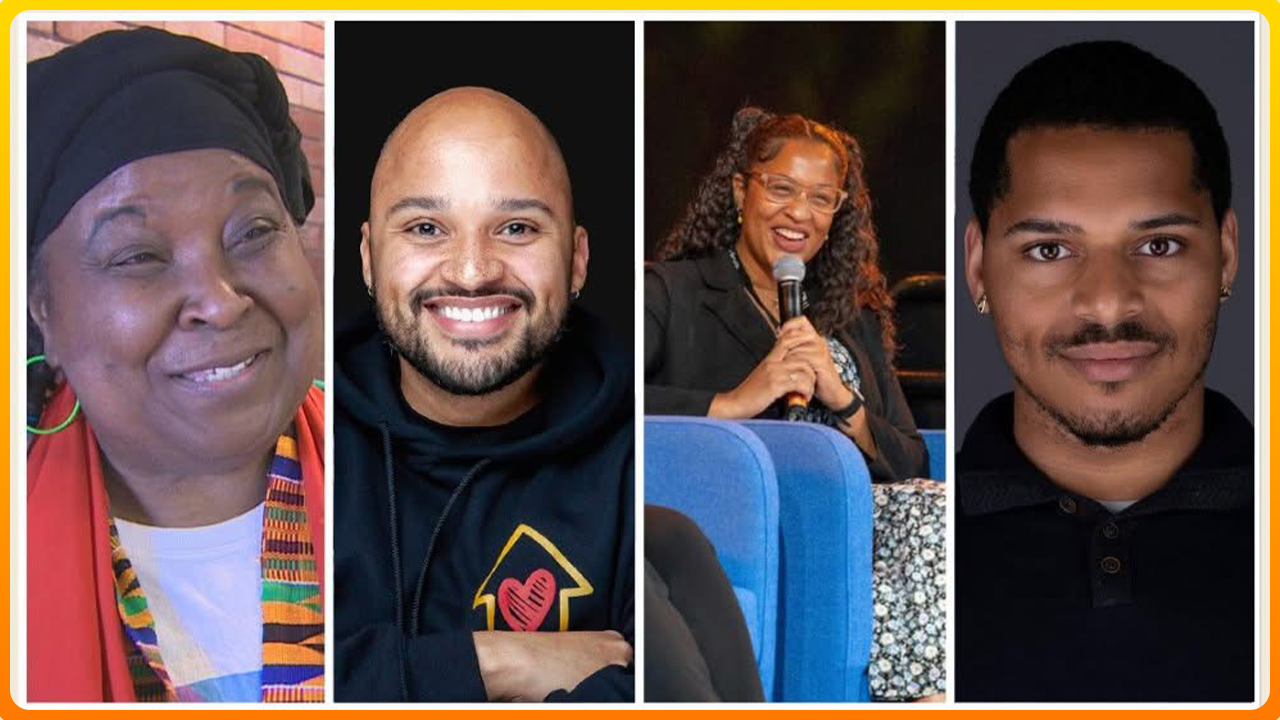 Four portraits of African Nova Scotian community leaders involved in community land trust initiatives in Nova Scotia, shown side by side. From left to right: an Elder wearing a headwrap and patterned scarf; a smiling man in a black hoodie with a heart-and-house logo; a woman seated on a stage holding a microphone while speaking; and a man in a dark shirt looking directly at the camera.
