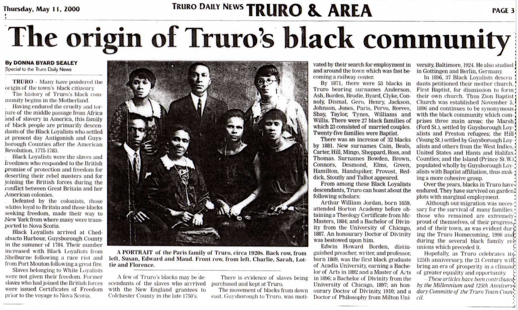 Scanned newspaper article titled “The origin of Truro’s black community” from the Truro Daily News, published May 11, 2000, by Donna Byard Sealey, featuring a historical family photograph of the Paris family.