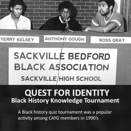 Three Black youth seated behind a table at Sackville High School during a Black History knowledge tournament, with a sign reading “Sackville Bedford Black Association” and text referencing the “Quest for Identity” Black History quiz.