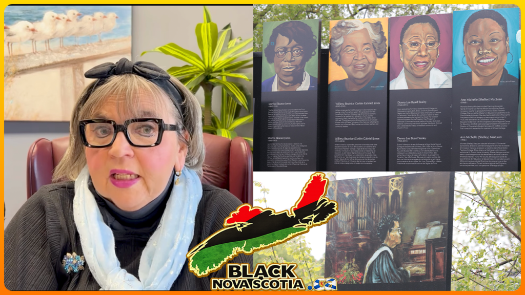 Composite image featuring a woman speaking in an indoor setting on the left, alongside photos of a public monument in Truro honouring African Nova Scotian women educators. The monument panels display painted portraits and biographical text for Martha Eleanor Jones, Willena Beatrice (Corbin Gabriel) Jones, Donna Lee Byard Sealey, and Ann Michelle (Shelley) MacLean, with a separate panel showing Vera (Halfkenny) Clyke at an organ. The BlackNovaScotia.ca logo appears at the bottom, with a stylized map in Pan-African colours.